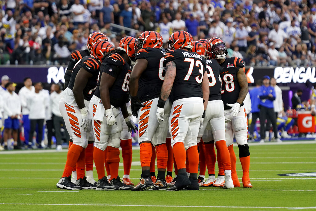 The Cincinnati Bengals huddle before a play against the Los Angeles Rams during the NFL Super Bowl 56 football game Sunday, Feb. 13, 2022, in Inglewood, Calif. (AP Photo/Steve Luciano)