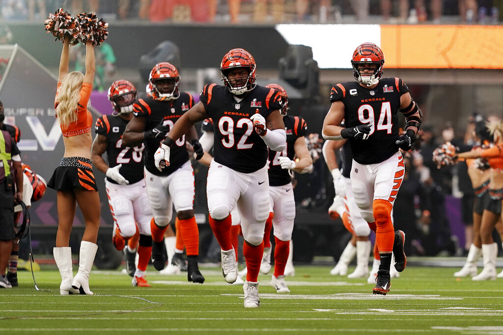 The Cincinnati Bengals take the field during introductions before the NFL Super Bowl 56 football game against the Los Angeles Rams Sunday, Feb. 13, 2022, in Inglewood, Calif. (AP Photo/Steve Luciano)