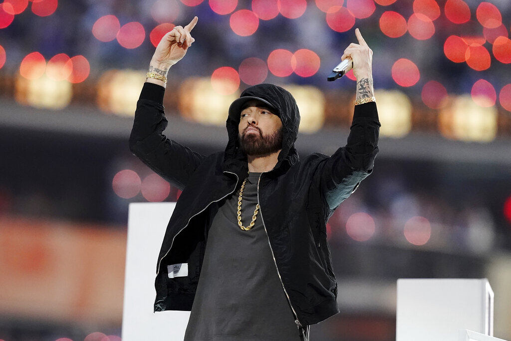 Eminem performs during the halftime show during the NFL Super Bowl 56 football game between the Cincinnati Bengals and the Los Angeles Rams Sunday, Feb. 13, 2022, in Inglewood, Calif. (AP Photo/Steve Luciano)