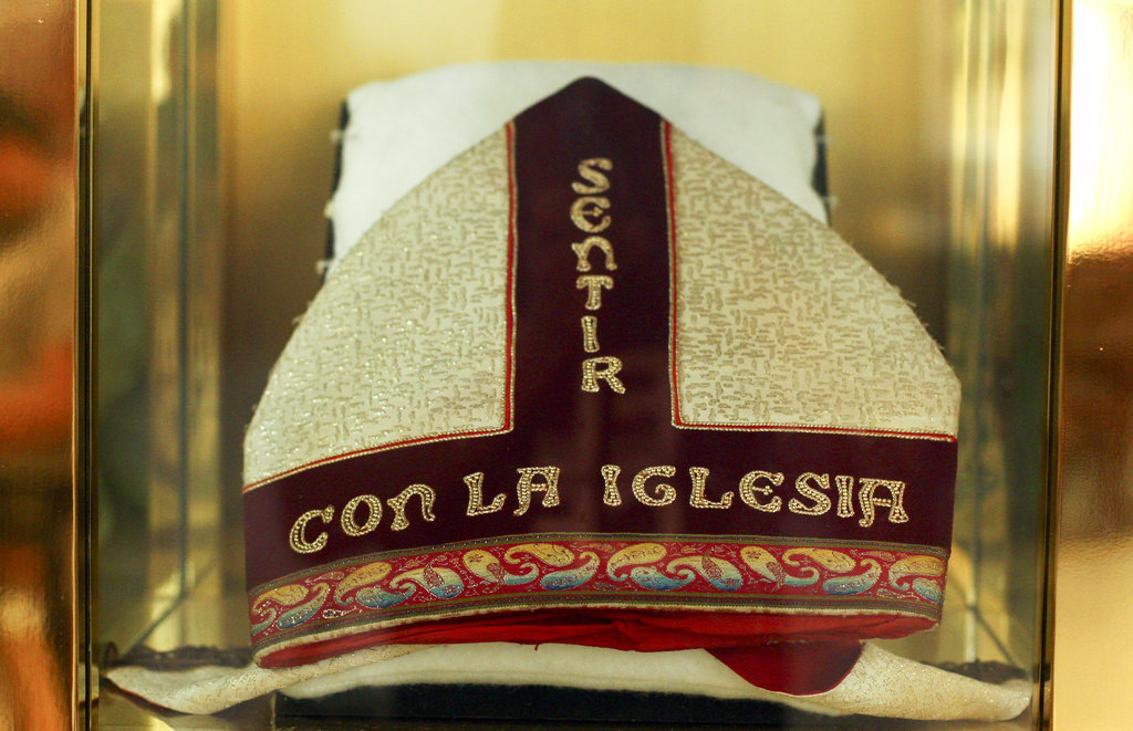 In this Oct. 3. 2018 photo, the Mitre belonging to Archbishop Oscar Arnulfo Romero with the text in Spanish that reads 