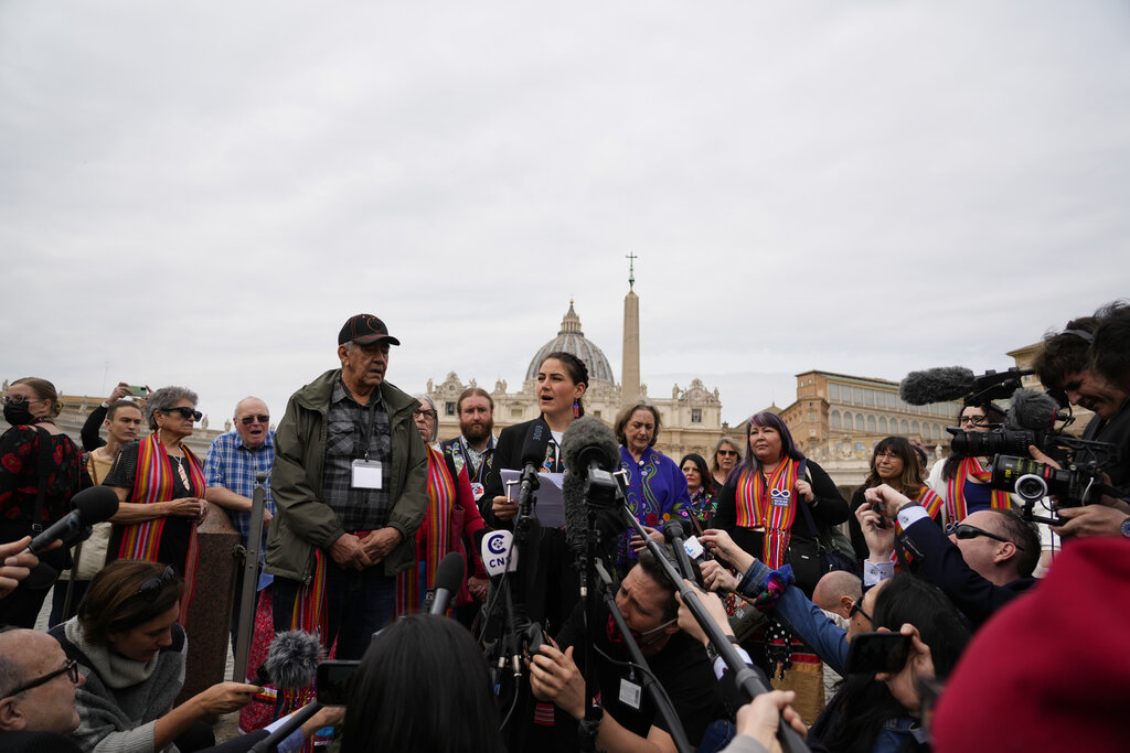 President of the Metis community, Cassidy Caron, speaks to the media in St. Peter's Square after their meeting with Pope Francis at The Vatican, Monday, March 28, 2022. (AP Photo/Gregorio Borgia)