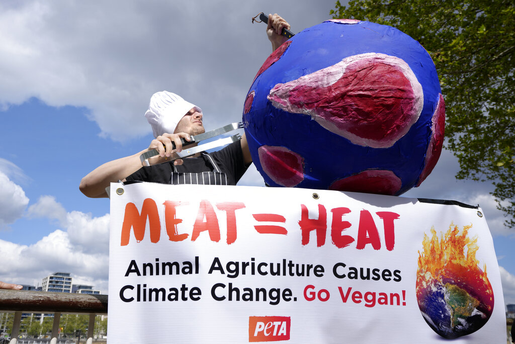 On Earth Day a demonstrator from PETA (People for the Ethical Treatment of Animals) barbecues a model Earth, with the 