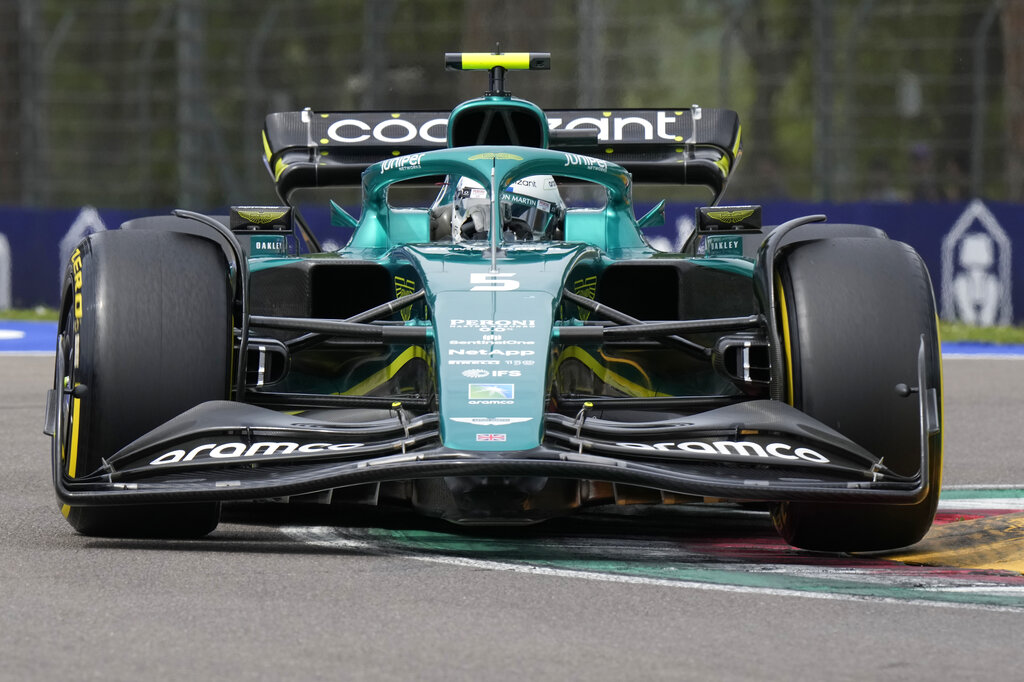 Aston Martin driver Sebastian Vettel of Germany steers his car during the second free practice for Sunday's Emilia Romagna Formula One Grand Prix, at the Enzo and Dino Ferrari racetrack, in Imola, Italy, Saturday, April 23, 2022. (AP Photo/Luca Bruno)