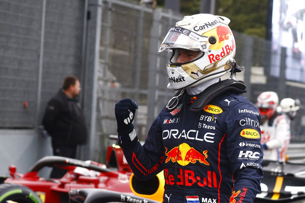 Red Bull driver Max Verstappen of the Netherlands reacts after clocking a fastest time during the qualifying session for Sunday's Emilia Romagna Formula One Grand Prix, at the Dino and Enzo Ferrari racetrack in Imola, Italy, Friday, April 22, 2022. (Guglielmo Mangiapane, Pool via AP)
