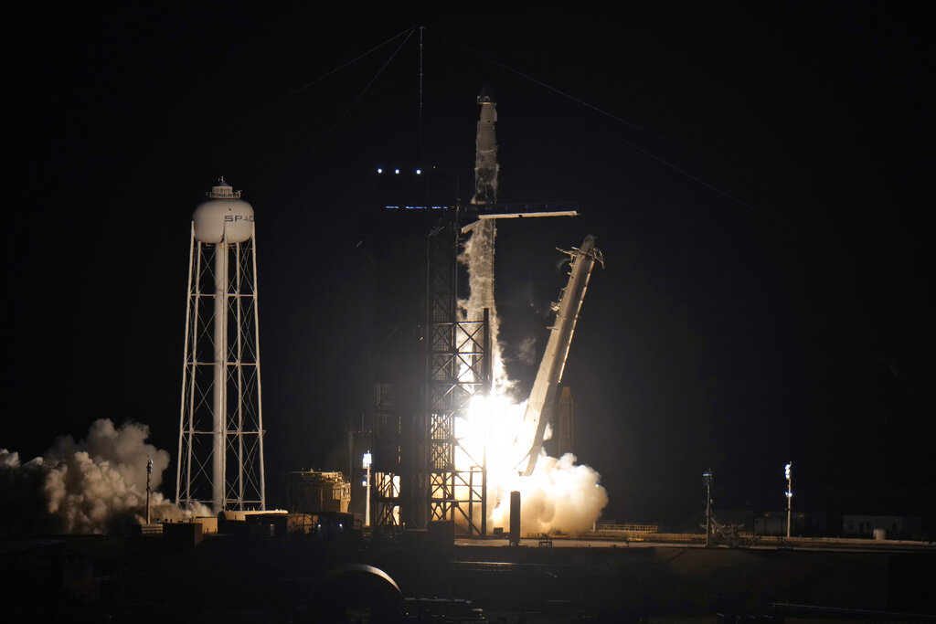 A SpaceX Falcon 9 rocket lifts off from Launch Complex 39-A Wednesday, April 27, 2022, at the Kennedy Space Center in Cape Canaveral, Fla. Four astronauts will fly on SpaceX's Crew-4 mission to the International Space Station. (AP Photo/Chris O'Meara)
