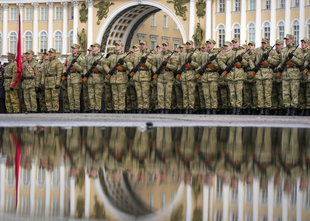 Troops attend a rehearsal for the Victory Day military parade which will take place at Dvortsovaya (Palace) Square on May 9 to celebrate 77 years after the victory in World War II in St. Petersburg, Russia, Tuesday, April 26, 2022. (AP Photo/Dmitri Lovetsky)