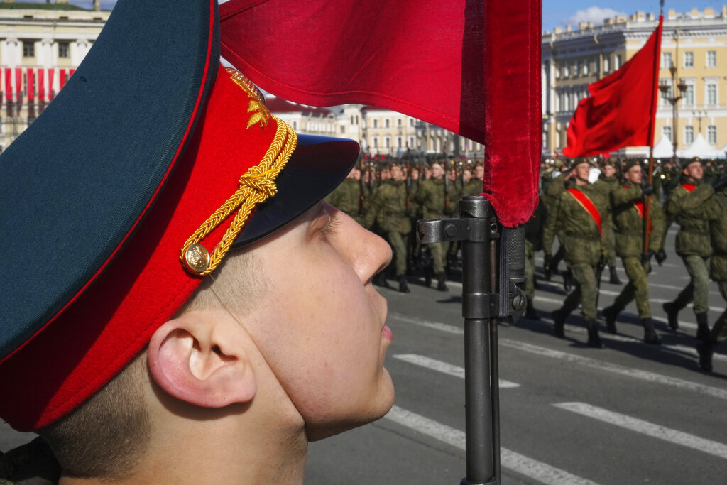 Troops march during a rehearsal for the Victory Day military parade which will take place at Dvortsovaya (Palace) Square on May 9 to celebrate 77 years after the victory in World War II in St. Petersburg, Russia, Thursday, April 28, 2022. (AP Photo/Dmitri Lovetsky)