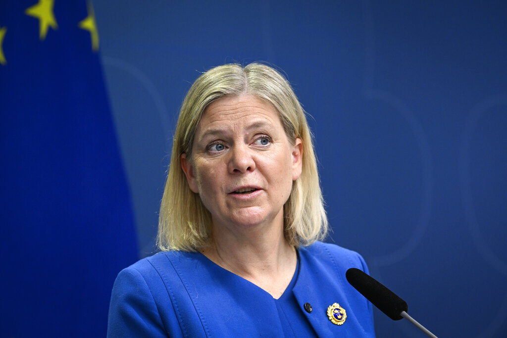 Sweden's Prime Minister Magdalena Andersson gives a news conference in Stockholm, Sweden, Monday, May 16, 2022. Sweden's government has decided to apply for a NATO membership. (Henrik Montgomery/TT News Agency via AP)