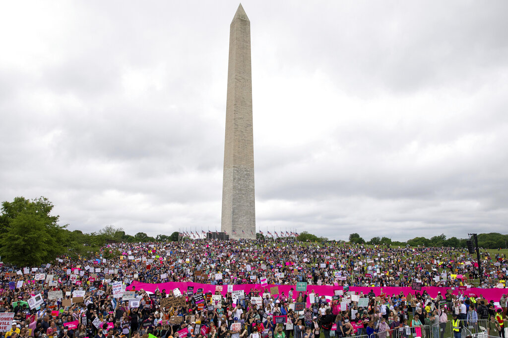 Abortion rights demonstrators rally on the National Mall in Washington, during protests across the country, on Saturday, May 14, 2022. (AP Photo/Amanda Andrade-Rhoades)