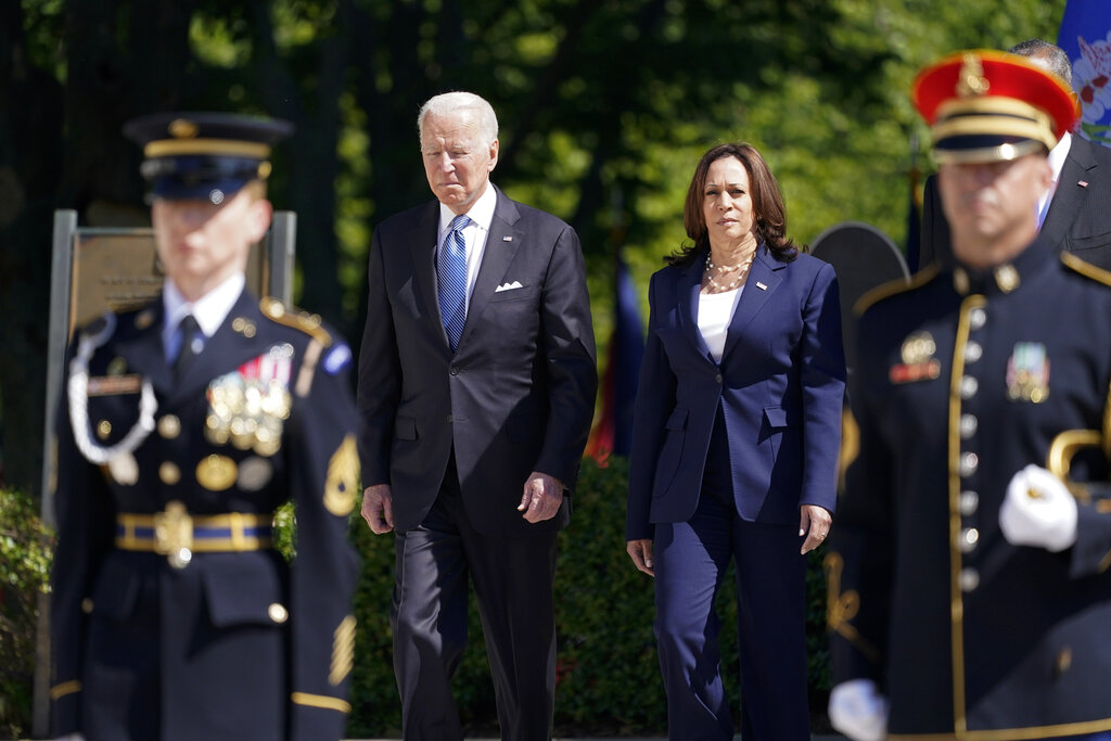 President Joe Biden arrives with Vice President Kamala Harris to place a wreath at the Tomb of the Unknown Soldier at Arlington National Cemetery on Memorial Day, Monday, May 31, 2021, in Arlington, Va.  (AP Photo/Alex Brandon)