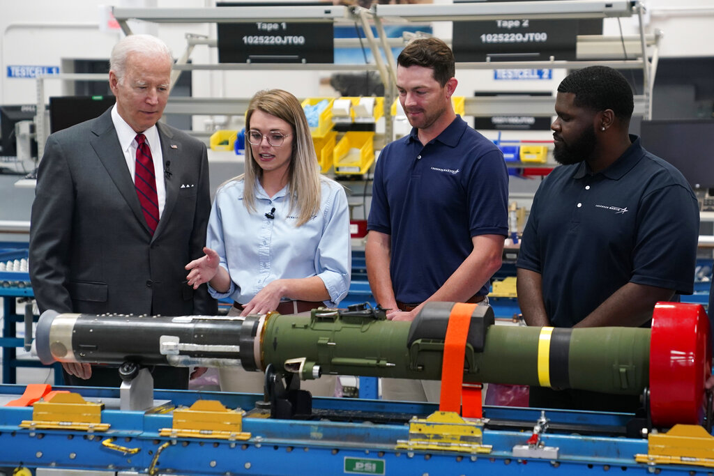 President Joe Biden watches during tour of the Lockheed Martin Pike County Operations facility where Javelin anti-tank missiles are manufactured, Tuesday, May 3, 2022, in Troy, Ala. (AP Photo/Evan Vucci)