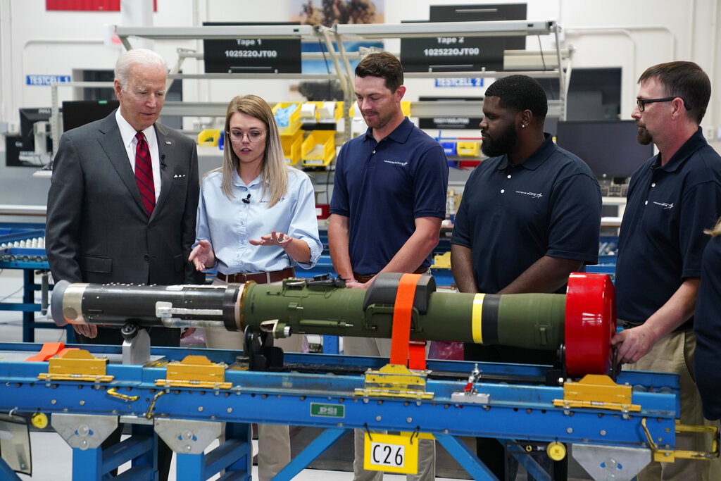 President Joe Biden listens during tour of the Lockheed Martin Pike County Operations facility where Javelin anti-tank missiles are manufactured, Tuesday, May 3, 2022, in Troy, Ala. (AP Photo/Evan Vucci)