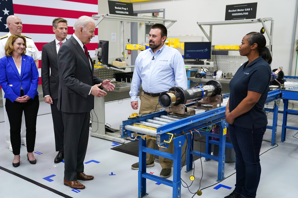 President Joe Biden speaks during tour of the Lockheed Martin Pike County Operations facility where Javelin anti-tank missiles are manufactured, Tuesday, May 3, 2022, in Troy, Ala. (AP Photo/Evan Vucci)