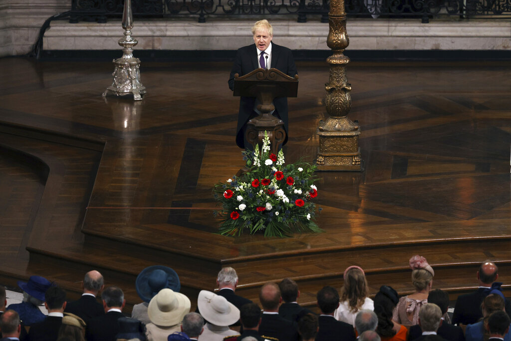 Britain's Prime Minister Boris Johnson speaks during a service of thanksgiving for the reign of Queen Elizabeth II at St Paul’s Cathedral in London, Friday June 3, 2022 on the second of four days of celebrations to mark the Platinum Jubilee. The events over a long holiday weekend in the U.K. are meant to celebrate the monarch’s 70 years of service. (Dan Kitwood/Pool Photo via AP)