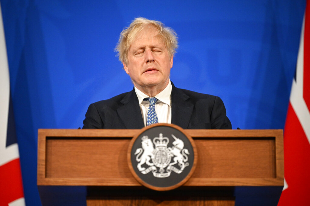 FILE - Britain's Prime Minister Boris Johnson speaks during a press conference in Downing Street, London, Wednesday, May 25 2022, following the publication of Sue Gray's report into Downing Street parties in Whitehall. Britain's governing Conservatives will hold a no-confidence vote in Prime Minister Boris Johnson on Monday, June 6, 2022 that could oust him as Britain's leader. (Leon Neal/Pool Photo via AP, File)