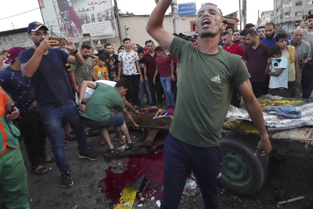 A youth reacts while other residents inspect a wounded horse near a damaged car that was hit in an Israeli airstrike that killed people in the car and the horse cart, at the main road in Gaza City, Sunday, Aug. 7, 2022. (AP Photo/Adel Hana)