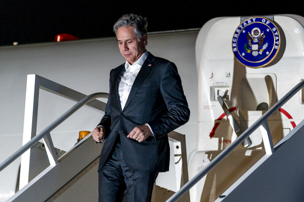 U.S. Secretary of State Antony Blinken arrives at Lanseria International Airport in Johannesburg, South Africa, Sunday, Aug. 7, 2022. Blinken is on a ten day trip to Cambodia, Philippines, South Africa, Congo, and Rwanda. (AP Photo/Andrew Harnik, Pool)