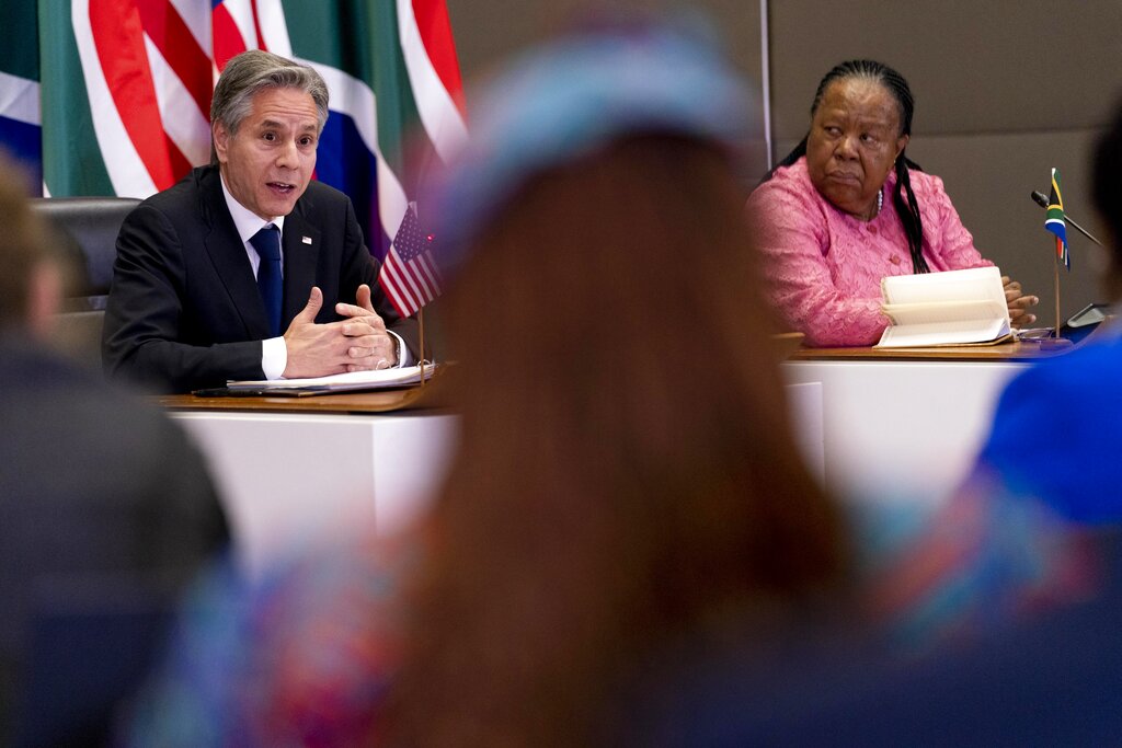 Secretary of State Antony Blinken, accompanied by South Africa's Foreign Minister Naledi Pandor, speaks during a news conference after meeting together at the South African Department of International Relations and Cooperation in Pretoria, South Africa, Monday, Aug. 8, 2022. Blinken is on a ten day trip to Cambodia, Philippines, South Africa, Congo, and Rwanda. (AP Photo/Andrew Harnik, Pool)