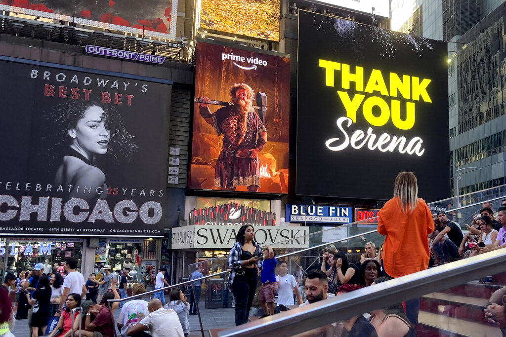 A digital billboard flashes a tribute to Serena Williams in Times Square, Friday, Sept. 2, 2022, in New York. (AP Photo/Ron Blum)
