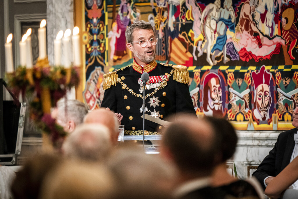 Danish Crown Prince Frederik gives his speech to his mother Danish Queen Margrethe at the gala banquet at Christiansborg Palace in Copenhagen Sunday, Sept. 11, 2022. Scaled-down celebrations took place Sunday in Denmark marking 50 years on the throne by Queen Margrethe, whose reign is now Europe’s longest following the death of Britain’s Queen Elizabeth II. (Ida Marie Odgaard/Ritzau Scanpix via AP)