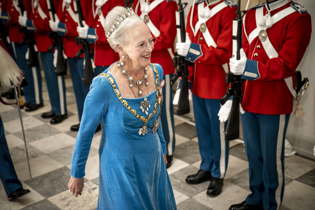 Danish Queen Margrethe arrives at the gala banquet at Christiansborg Palace in Copenhagen Sunday, Sept. 11, 2022. Scaled-down celebrations took place Sunday in Denmark marking 50 years on the throne by Queen Margrethe, whose reign is now Europe’s longest following the death of Britain’s Queen Elizabeth II.  (Mads Claus Rasmussen/Ritzau Scanpix via AP)