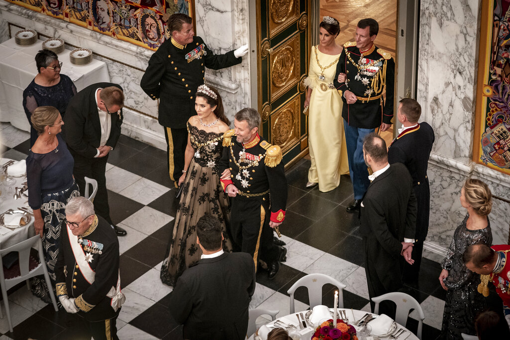 Crown Prince Frederik and Crown Princess Mary arrive at the gala banquet at Christiansborg Palace Sunday Sept. 11, 2022. The banquet is held to mark the 50th anniversary of Danish Queen Margrethe II's accession to the throne.(Mads Claus Rasmussen/Ritzau Scanpix via AP)