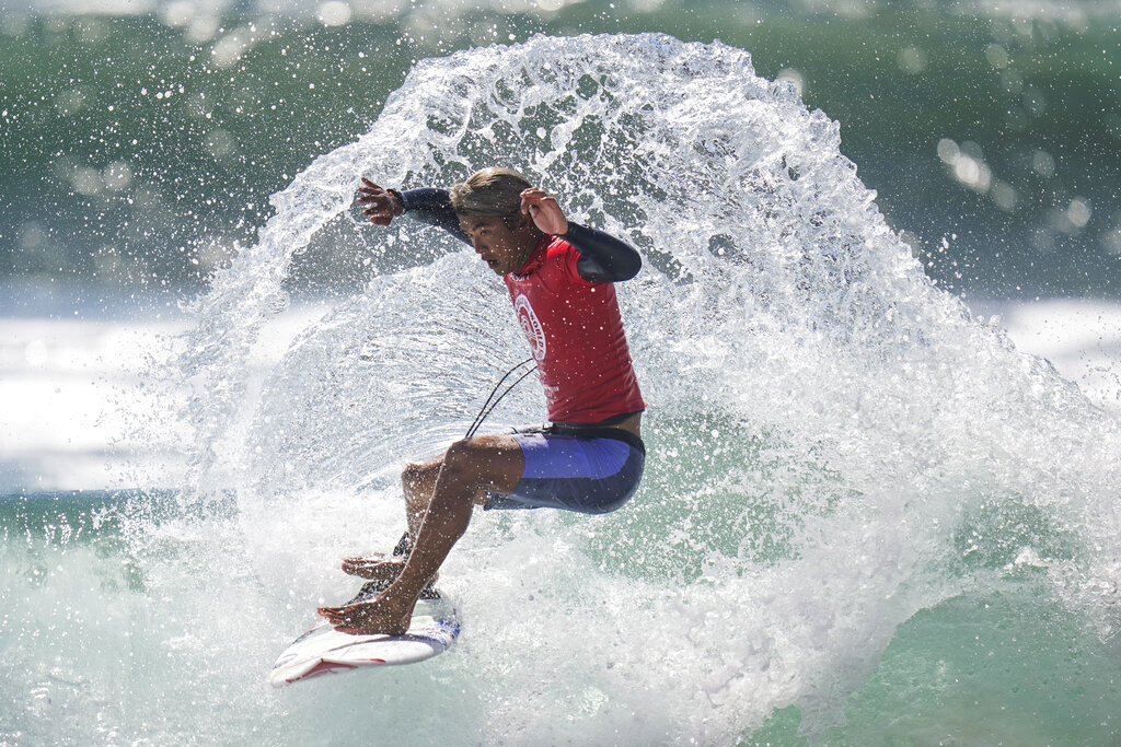 Kanoa Igarashi, of Japan, competes in the ISA World Surfing Games in Huntington Beach, Calif., Tuesday, Sept. 20, 2022. (AP Photo/Jae C. Hong)
