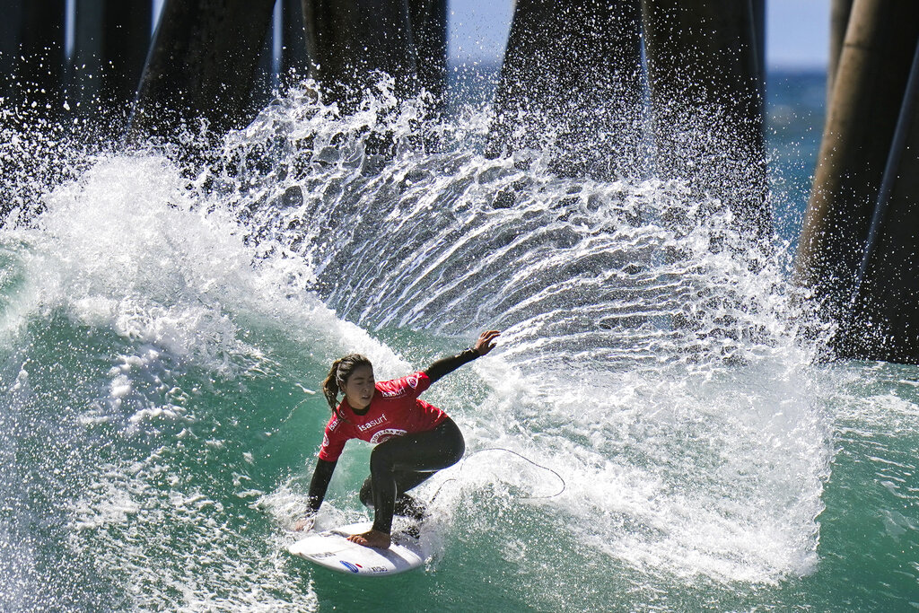 Amuro Tsuzuki, of Japan, competes during the ISA World Surfing Games in Huntington Beach, Calif., Tuesday, Sept. 20, 2022. (AP Photo/Jae C. Hong)