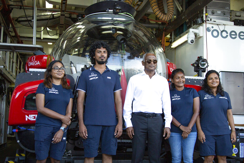 IMAGE DISTRIBUTED FOR NEKTON - From left, Farah Amjad, Mohamed Ahusan, President Ibrahim Mohamed Solih, Shafiya Naeem, and Shaha Hashim pose for a photograph during a surprise visit to the Nekton Maldives Mission by Maldives President Ibrahim Mohamed Solih on Monday, Sept. 12, 2022, in Laamu, Maldives. The quartet heard the President offer his support to all the Nekton scientists aboard in their quest to find answers that can help unlock the secrets of the deep. HANDOUT IMAGE - Please see special instructions. MANDATORY CREDIT - 