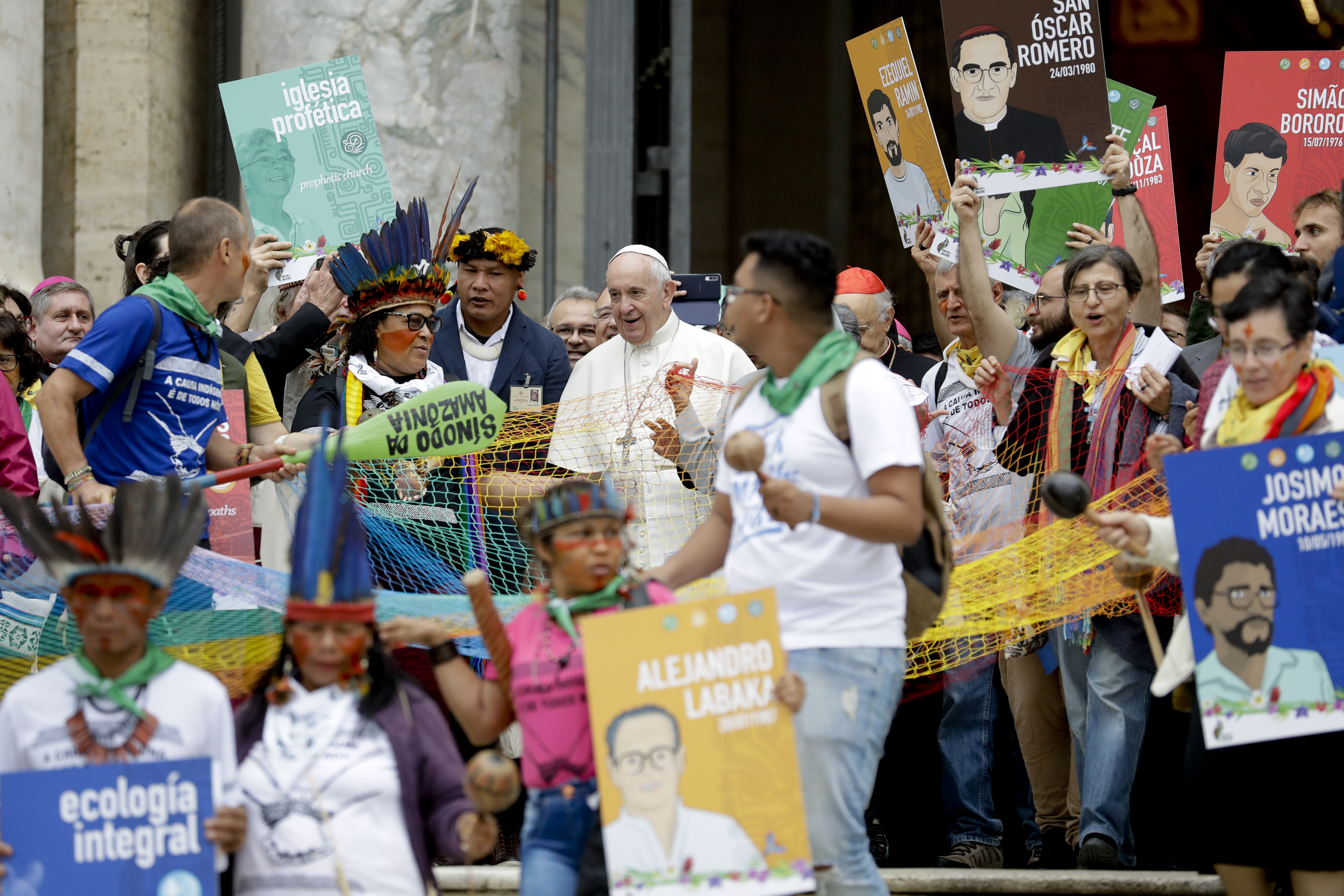 Pope Francis walks in procession on the occasion of the Amazon synod, at the Vatican, Monday, Oct. 7, 2019. Pope Francis opened a three-week meeting on preserving the rainforest and ministering to its native people as he fended off attacks from conservatives who are opposed to his ecological agenda. (AP Photo/Andrew Medichini)