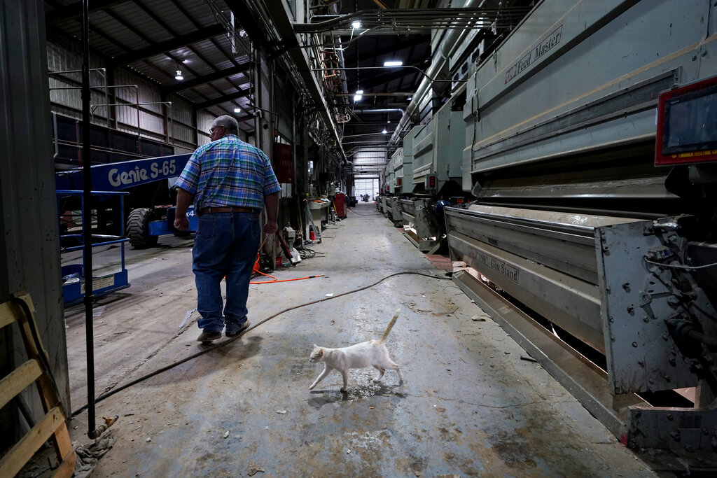 Todd Straley, who manages the cotton gins at Quarterly Cotton Growers, walks past idle machines, Tuesday, Oct. 4, 2022, near Plainview, Texas. Straley expects to process a fraction of the cotton he normally sees. (AP Photo/Eric Gay)