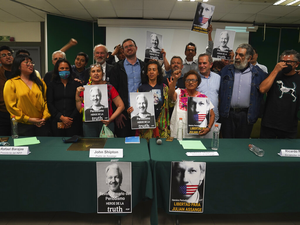 John Shipton Sr. and Gabriel Shipton the brother of Julian Assange participate in an event sponsored by the Mexican ruling party Morena, at the Unión Telefónica headquarters, entitled 