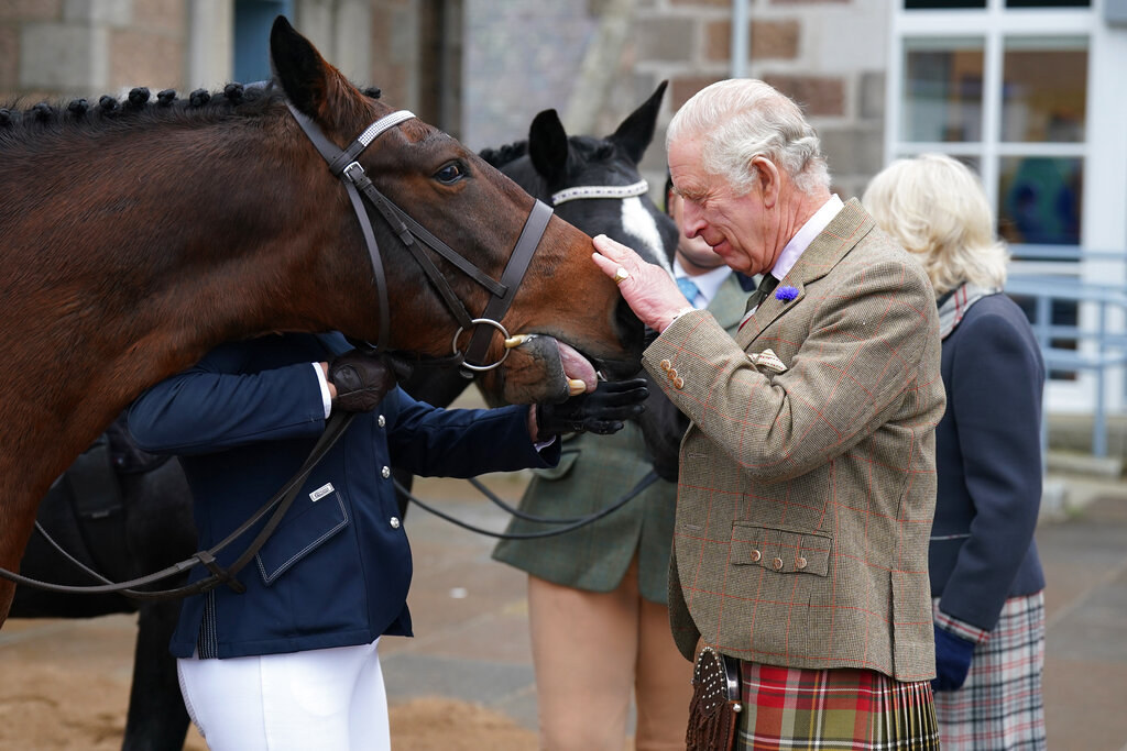 King Charles III pats a horse as he and the Queen Consort attend a reception to thank the community of Aberdeenshire for their organisation and support following the death of Queen Elizabeth II at Station Square, the Victoria & Albert Halls, Ballater, United Kingdom, Tuesday Oct. 11, 2022. (Andrew Milligan/pool photo via AP)
