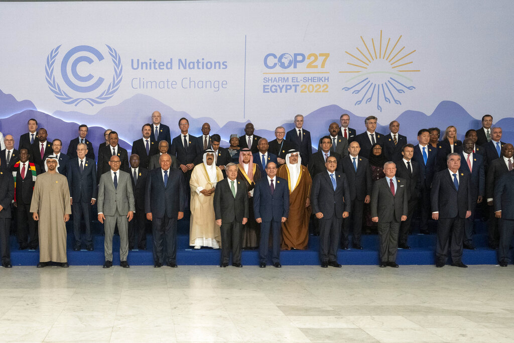 Leaders gather for a photo at the COP27 U.N. Climate Summit, in Sharm el-Sheikh, Egypt, Monday, Nov. 7, 2022. (AP Photo/Nariman El-Mofty)