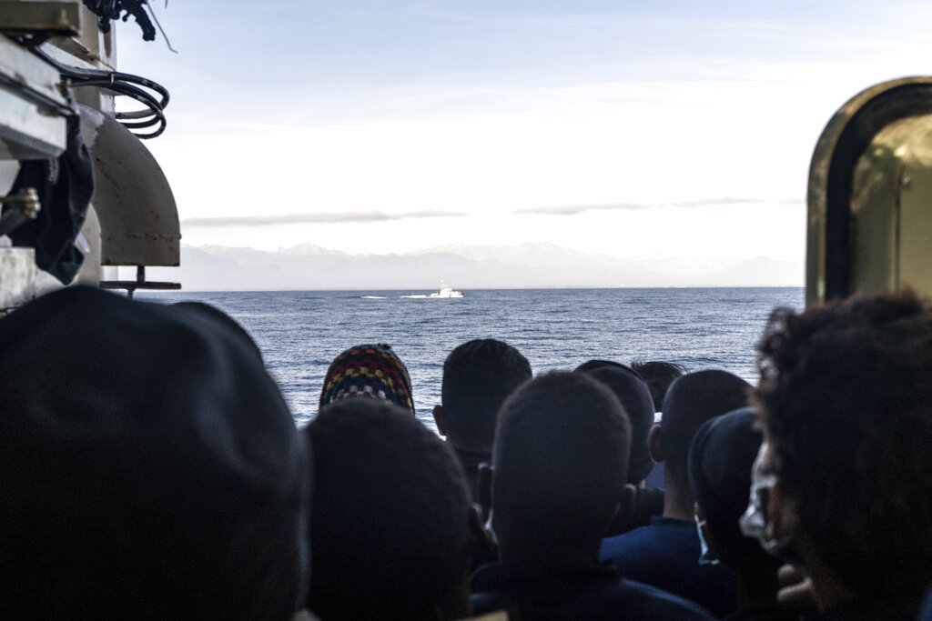 French Coast Guard approaches the humanitarian ship Ocean Viking heading to France with 230 migrants saved from the Mediterranean Sea, Thursday, Nov. 10, 2022. France will let the migrants disembark in Toulon. (AP Photo/Vincenzo Circosta)