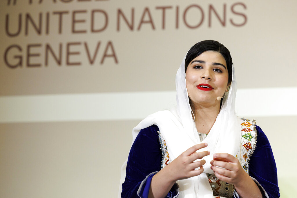 Afghanistan's Pashtana Durrani, activist for the Underground schools for girls, speaks during the Young Activists Summit - YAS22, at the European headquarters of the United Nations in Geneva, Switzerland, Friday, Dec. 2, 2022. (Salvatore Di Nolfi/Keystone via AP)