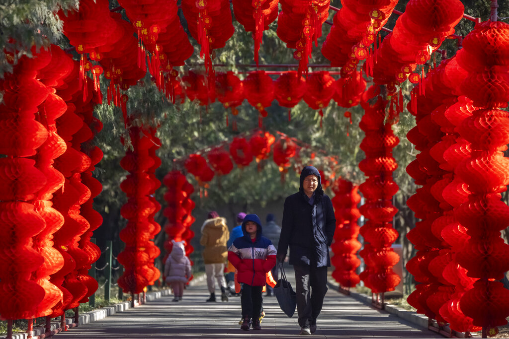 A man and boy walk along a path decorated with lanterns for the upcoming Lunar New Year at a public park in Beijing, Friday, Jan. 20, 2023. The Year of the Rabbit officially begins on Jan. 22. (AP Photo/Mark Schiefelbein)