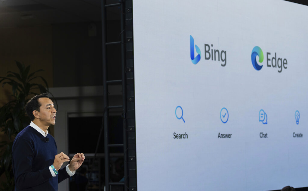 Yusuf Mehdi, Microsoft Corporate Vice President of Search speaks to members of the media about the integration of the Bing search engine and Edge browser with OpenAI on Tuesday, Feb. 7, 2023, in Redmond. Microsoft is fusing ChatGPT-like technology into its search engine Bing, transforming an internet service that now trails far behind Google into a new way of communicating with artificial intelligence.  (AP Photo/Stephen Brashear)