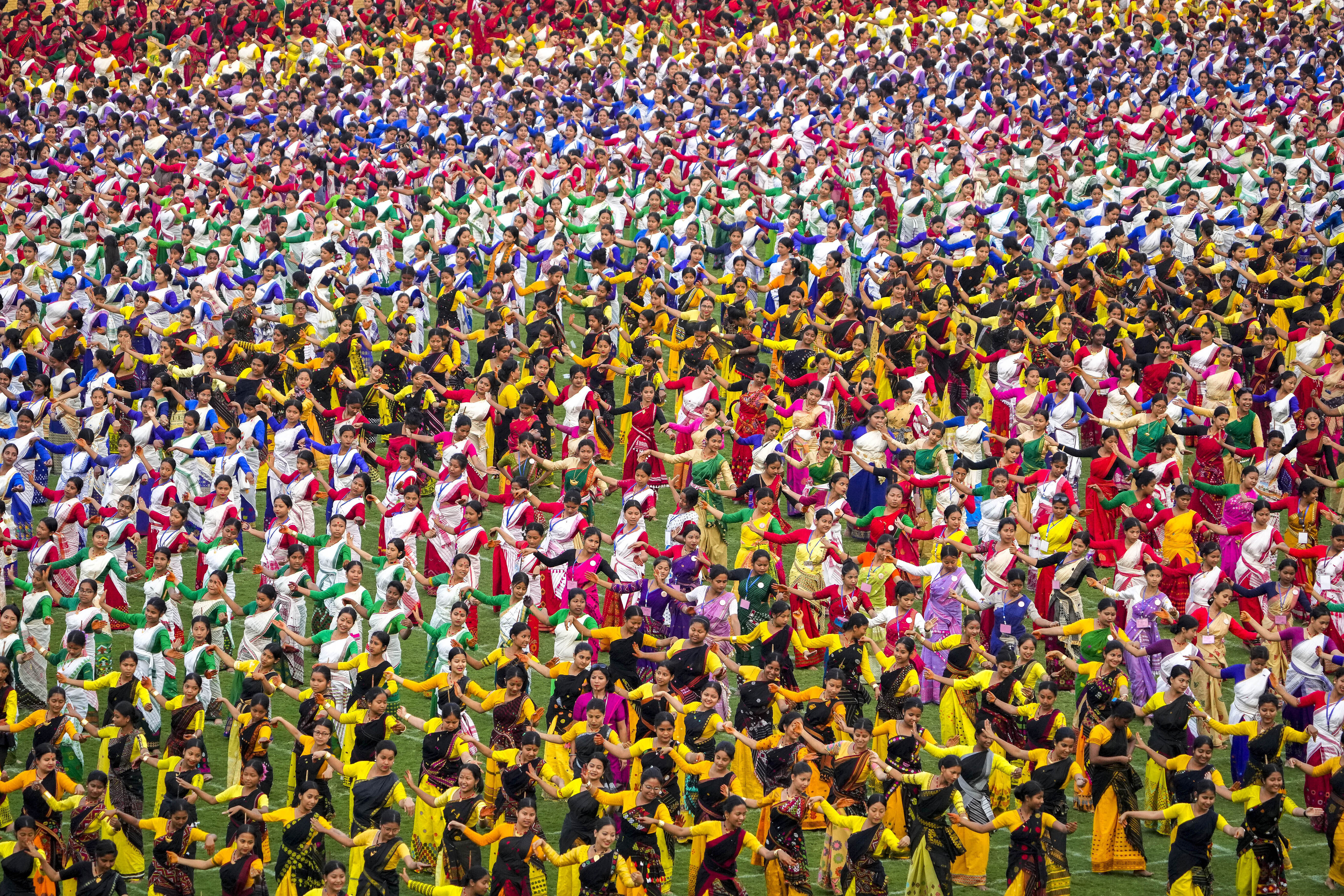 Assamese girls in traditional attire practice Bihu dance ahead of an event in Guwahati, India, Tuesday, April 11, 2023. Around 11,000 Bihu dancers and musicians will perform together for Guinness World Record in the largest folk dance performance category on April 14. (AP Photo/Anupam Nath)

Associated Press/LaPresse
Only Italy and Spain