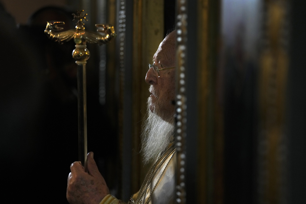 Ecumenical Patriarch Bartholomew I, the spiritual leader of the world's Orthodox Christians, conducts an Easter Sunday Mass at the Cathedral of the Dormition of Virgin Mary on the island of Gokceada, Turkey, known as Imvros in Greek, Sunday, April 16, 2023. The 83-year-old Bartholomew I, who is considered first among equals in Orthodox patriarchy, was born on the island. 