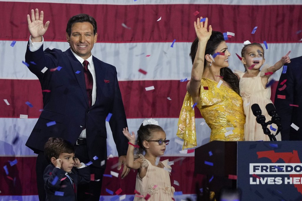 FILE - Incumbent Florida Republican Gov. Ron DeSantis, his wife Casey and their children on stage after speaking to supporters at an election night party after winning his race for reelection in Tampa, Fla., Nov. 8, 2022. (AP Photo/Rebecca Blackwell, File)