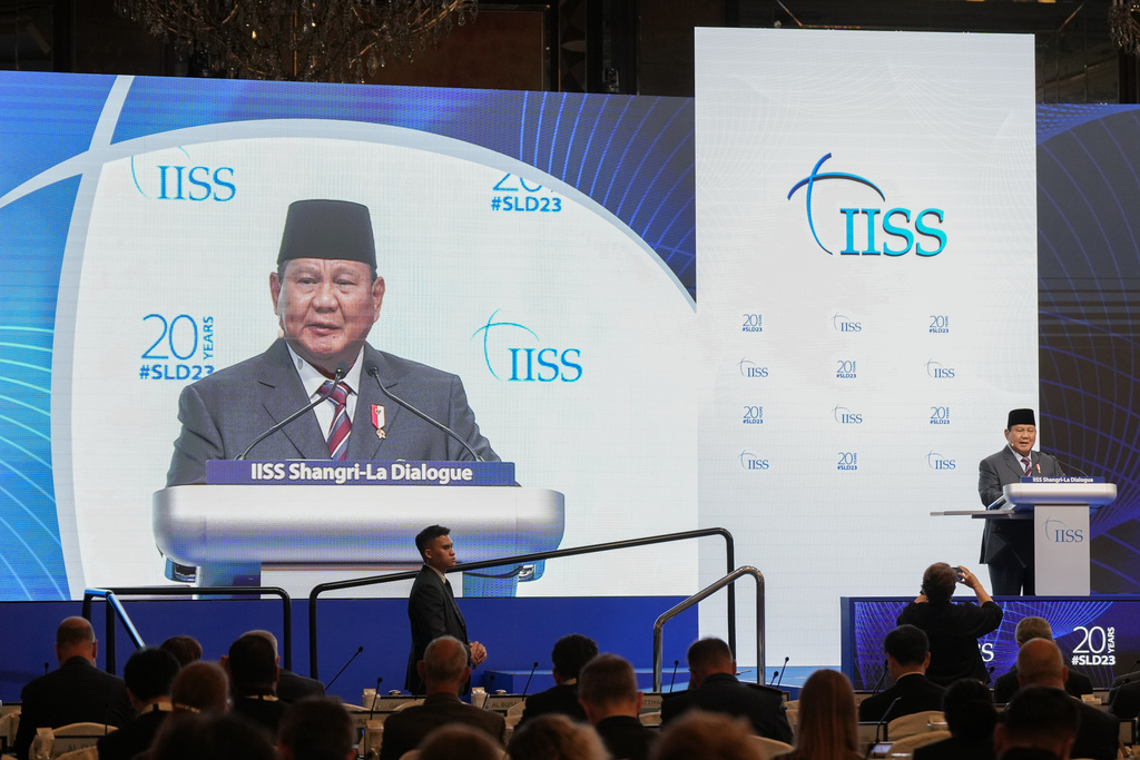 Indonesia's Minister of Defense Prabowo Subianto, delivers his speech during the 20th International Institute for Strategic Studies (IISS) Shangri-La Dialogue, Asia's annual defense and security forum in Singapore, Saturday, June 3, 2023. (AP Photo/Vincent Thian)