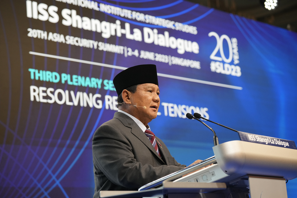 Indonesia's Minister of Defense Prabowo Subianto, delivers his speech during the 20th International Institute for Strategic Studies (IISS) Shangri-La Dialogue, Asia's annual defense and security forum in Singapore, Saturday, June 3, 2023. (AP Photo/Vincent Thian)