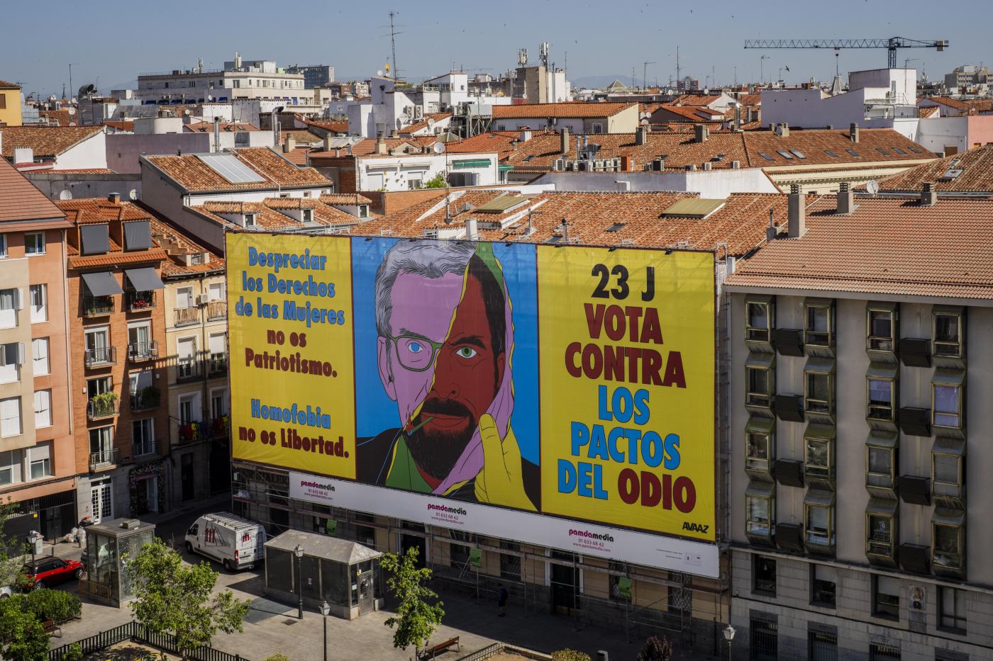 A huge banner is displayed Pedro Zerolo Square, urging people to vote against the possible allegiance between center-right wing Popular Party and Vox, the extreme right party, in Madrid, Spain, Saturday, July 15, 2023. The banner reads in Spanish: "Disregarding women's rights is not patriotism. Homophobia is not freedom. Vote against hate deals". (AP Photo/Bernat Armangue)

Associated Press/LaPresse
Only Italy and Spain