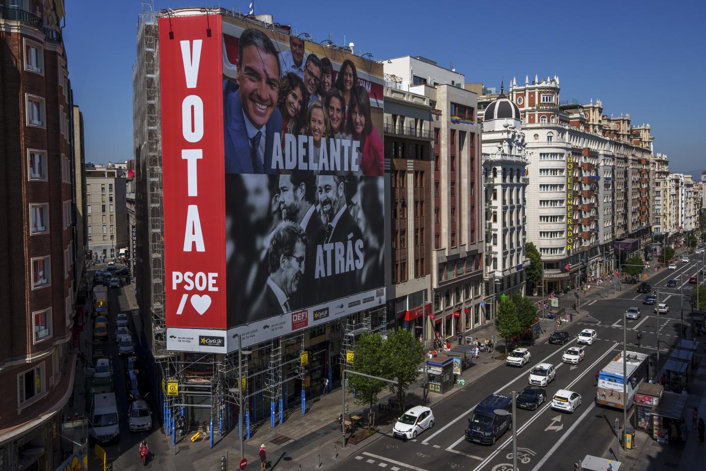 A giant electoral poster depicting Spain's Prime Minister and Socialist candidate Pedro Sánchez, top, and conservative PP party leader Alberto Nunez Feijóo and VOX far-right party leader Santiago Abascal is displayed on a building at the Gran Via avenue in Madrid, Spain, Monday, July 10, 2023. A general election on Sunday July 23, 2023, could make Spain the latest European Union member to swing to the right. Prime Minister Pedro Sánchez called the early election after his Spanish Socialist Workers' Party and its far-left partner, Unidas Podemos, took a beating in local and regional elections. (AP Photo/Manu Fernandez)

Associated Press/LaPresse
Only Italy and Spain