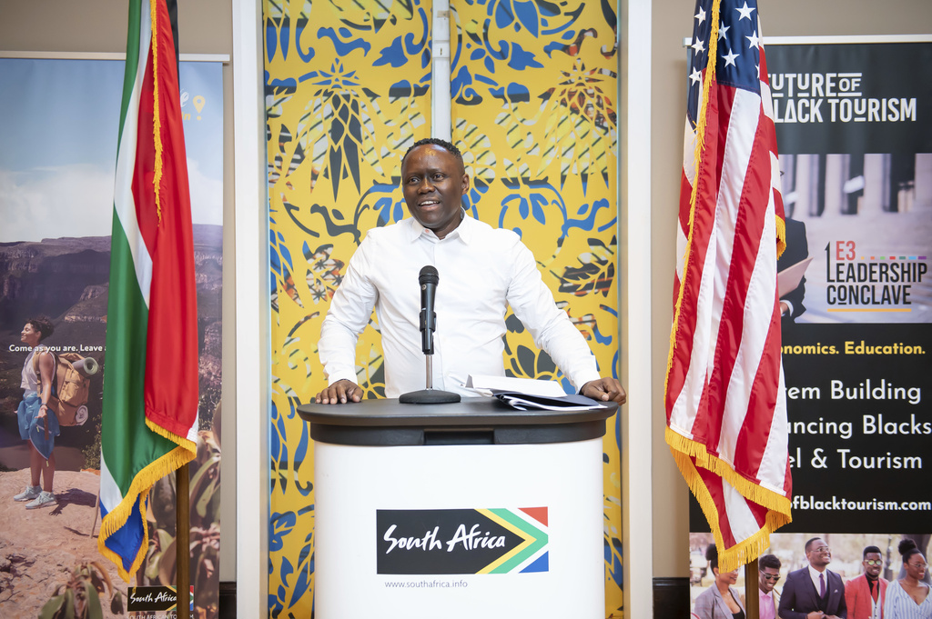 IMAGE DISTRIBUTED FOR SOUTH AFRICAN TOURISM - President of South African Tourism North America, Jerry Mpufane, addresses the E3 Leadership Conclave at the Embassy of South Africa on Monday August, 8, 2023 in Washington. (Joy Asico/AP Images for South African Tourism)