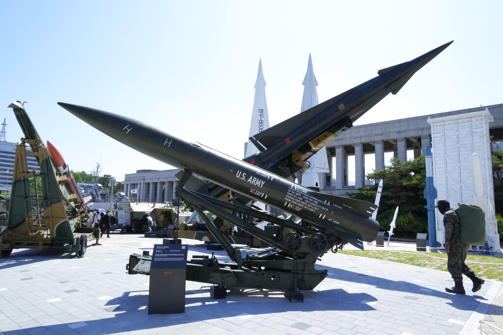 South Korean and U.S. missiles are displayed at Korea War Memorial Museum in Seoul, South Korea, Thursday, May 26, 2022. North Korea test-launched a suspected intercontinental ballistic missile and two shorter-range weapons toward its eastern waters Wednesday, South Korea said, hours after President Joe Biden ended a trip to Asia where he reaffirmed the U.S. commitment to defend its allies in the face of the North's nuclear threat. (AP Photo/Ahn Young-joon)