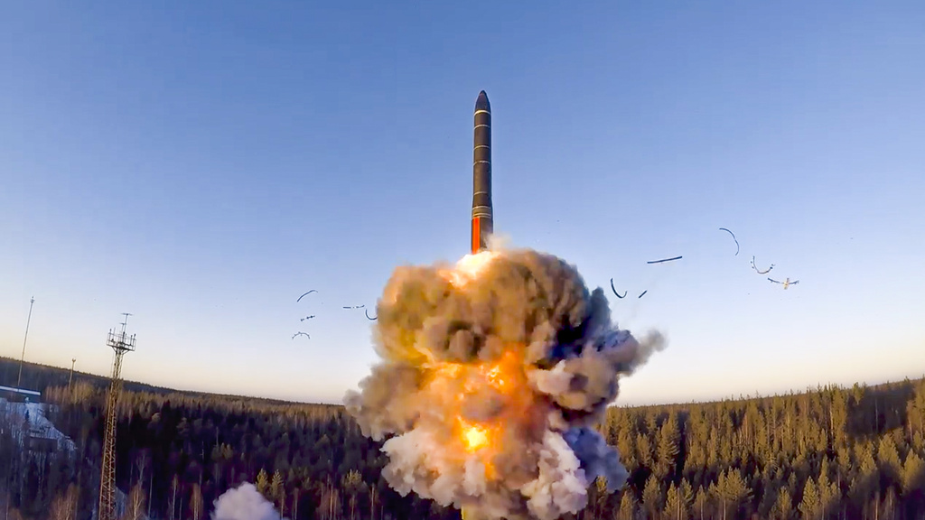 FILE - In this file photo taken from a video distributed by Russian Defense Ministry Press Service, on Dec. 9, 2020, a rocket launches from missile system as part of a ground-based intercontinental ballistic missile test launched from the Plesetsk facility in northwestern Russia. The United States and Russia have stopped sharing biannual nuclear weapons data under the faltering New START arms control treaty. U.S. officials say they had offered to continue to provide such information to Russia even after President Vladimir Putin suspended Russia's participation in the treaty, but that Moscow had declined to share its own data. (Russian Defense Ministry Press Service via AP, File)