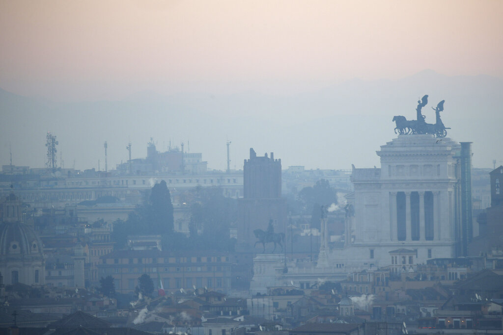 A view of Rome taken early Friday, Jan. 17, 2020.  Local authorities have been restricting car use Friday following high air pollution levels. (AP Photo/Alessandra Tarantino)
