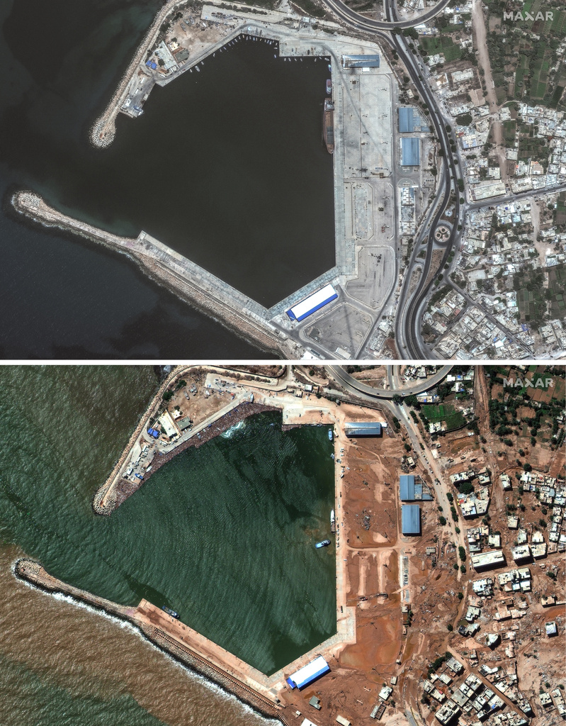 This combination of satellite images from Maxar Technologies shows port facilities in Derna, Libya, on July 1, 2023, top, and the same flood damaged area on Wednesday, Sept. 13, 2023. The destruction came to Derna and other parts of eastern Libya on Sunday night, Sept. 10, 2023. The destruction came to Derna and other parts of eastern Libya on Sunday night, Sept. 10, 2023. As the storm pounded the coast, Derna residents said they heard loud explosions and realized that dams outside the city had collapsed. Flash floods were unleashed down Wadi Derna, a river running from the mountains through the city and into the sea. (Satellite image ©2023 Maxar Technologies via AP)